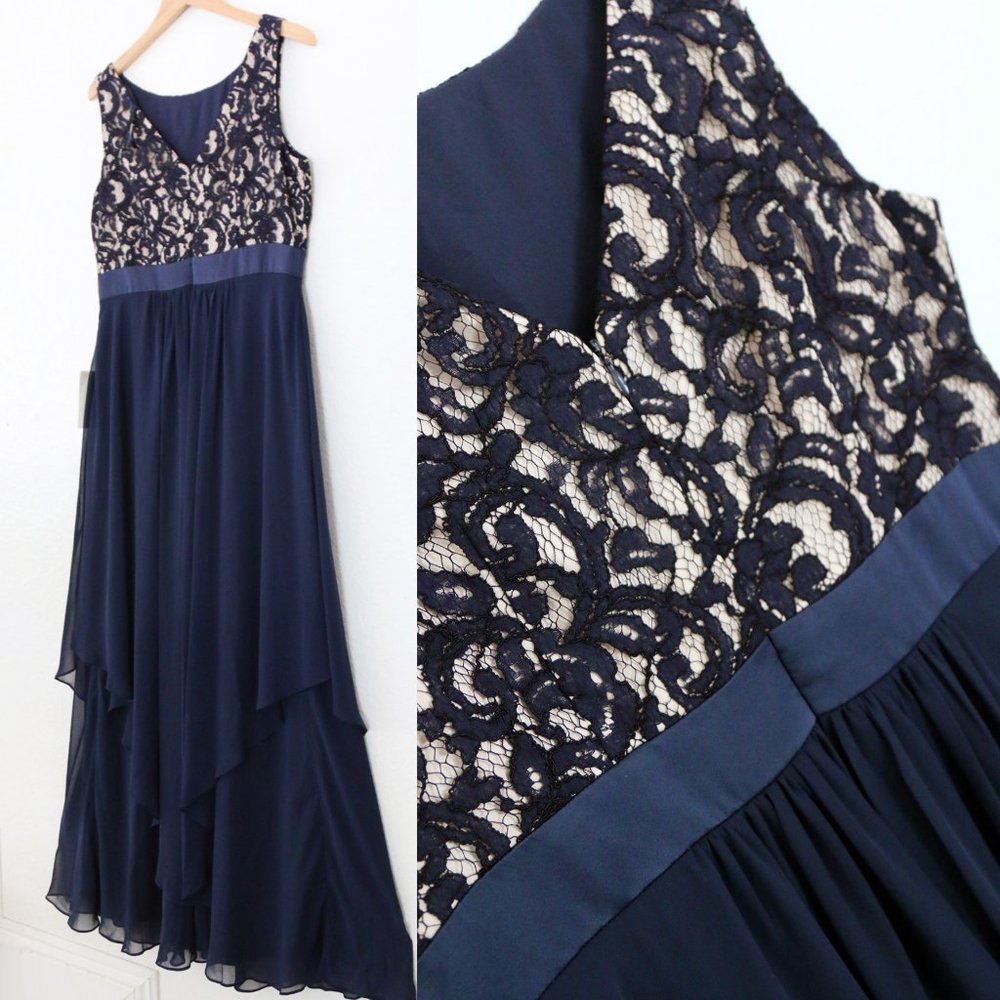 NEW Eliza J. Navy Blue Lace and Chiffon Gown Modest Prom Maxi Dress Size 14 $219 - Picture 14 of 16